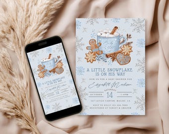 Uitnodiging babyshower winter: warme cacao, sneeuwvlokontwerp (digitale download) 032