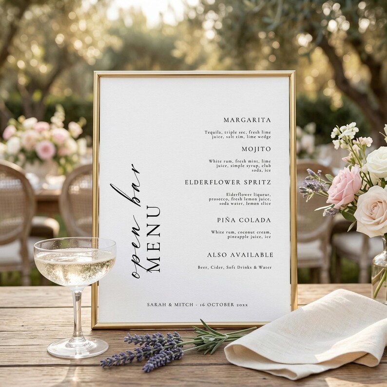 Open Bar Menu Sign | Minimalist Wedding Cocktail Menu | Editable Canva ...
