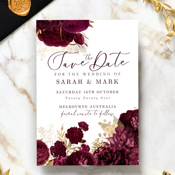 Burgundy And Gold Save the Date | Save the Date Invitation | Burgundy Invitation | Instant Download | Gold Glitter | Burgundy Gold Wedding