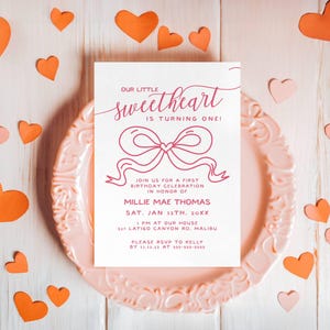 Our Little Sweetheart First Birthday, Coquette Bow and Hearts Birthday Invitation, Valentine First Birthday,  Digital Or Printed, Templett