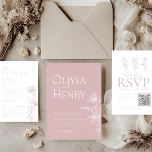 May include: A blush pink wedding invitation suite with a floral design. The invitation features the names Olivia and Henry, the date, and the time of the wedding. The RSVP card includes a QR code for guests to respond.