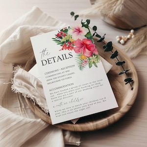 Cartão de detalhes de casamento com flores tropicais, modelo de cartão de detalhes de casamento para impressão, editável no Canva, download instantâneo, casamento no destino