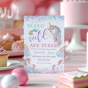Unicorn Birthday Invitation Three - Edit in Templett - Customizable Unicorn Party Invite - Young Wild and Three - Digital Template - un3b