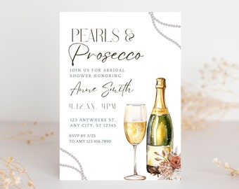 Pearls And Prosecco Bridal Shower, Prosecco Bridal Shower Invitation, Printable Template, Canva, Instant Download, Wedding Shower Invite