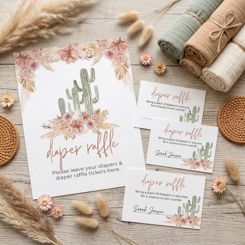 Cactus Diaper Raffle Sign and Ticket Set, Boho Baby Shower Diaper ...