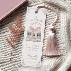 A New Chapter Begins Baby Shower Bookmark Favors – Book Theme Editable Template for Girls - Templett, ncbp