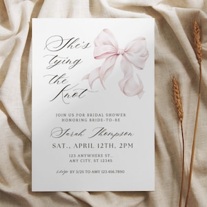 Bridal Shower Invitation Template Bow, She&#39;s Tying the Knot, White Bow, Invitation Template, Instant Download, Canva Template, Light Pink