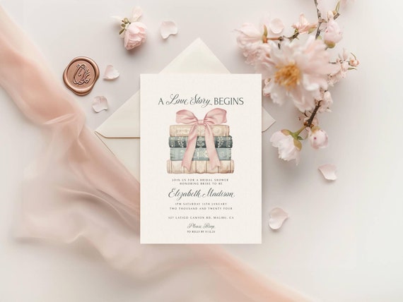 Love Story Bridal Shower Invite -  A New Chapter Wedding Shower - Library Invitation - Storybook Design - Pink Bow - Templett - lsbs1