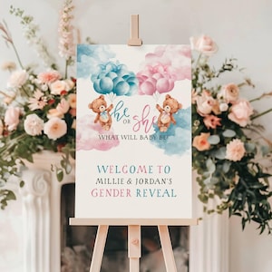 Gender Reveal Bear Welcome Board - Gender Reveal Welcome Sign - Teddy Bear Entrance Board - Pink & Blue Decor - Edit in Templett - hsgrb1