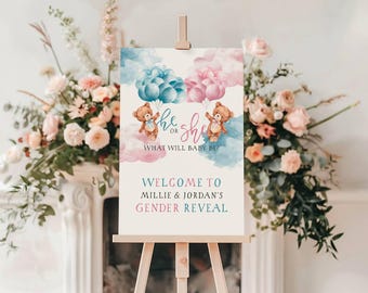 Gender Reveal Bear Welcome Board - Gender Reveal Welcome Sign - Teddy Bear Entrance Board - Pink & Blue Decor - Edit in Templett - hsgrb1