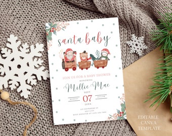May include: A white baby shower invitation with a watercolor illustration of Santa, a penguin, and a bear riding a train. The text reads "Santa Baby" and "Join us for a baby shower honoring Millie Mac".
