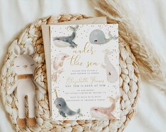 Baby showeruitnodiging met thema onder zee - bewerkbare babyshoweruitnodiging zeedier - afdrukbare sjabloon - Sea You Soon - utsbs