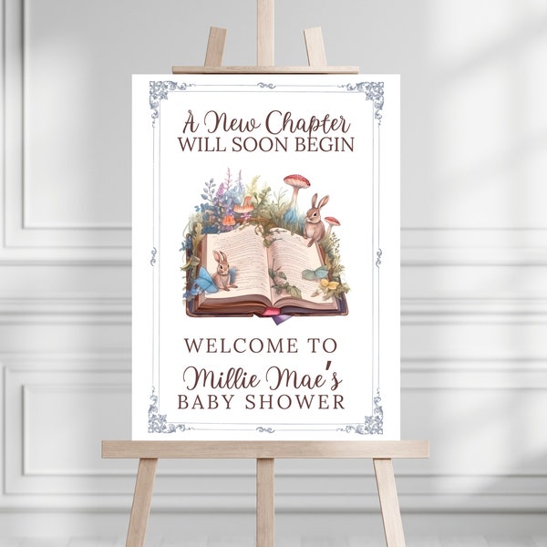 Plaque de bienvenue pour baby shower pour les amoureux des livres, modèle de toile modifiable, baby shower de livre d'histoires, il était une fois, un nouveau chapitre commence, une nouvelle histoire