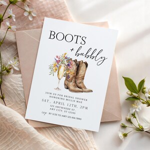 Boots and Bubbly Bridal Shower Invite & Text Invite | Western Fall Bridal Brunch | Editable Cowgirl Template with Wildflowers, Canva image 2
