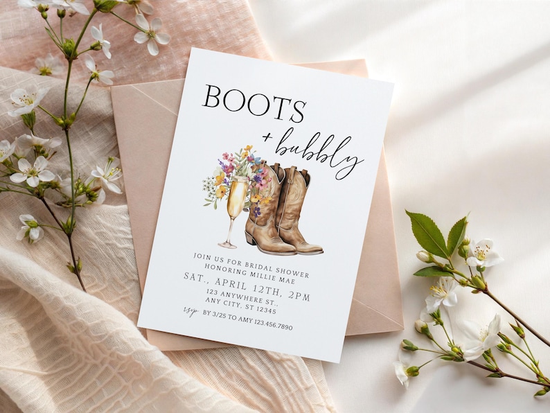 Boots and Bubbly Bridal Shower Invite & Text Invite | Western Fall Bridal Brunch | Editable Cowgirl Template with Wildflowers, Canva image 2