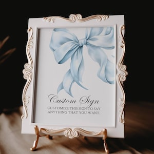 Blue Bow Sign For Baby Shower, Instant Download, Blue Coquette Bow Custom Signage, Boy Baby Shower, Templett, bbbs1