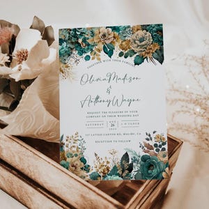 Teal & Gold Wedding Invitations | Edit in Templett, Teal and Gold Wedding, Foral, Printable Invite, Template | Fully Customizable