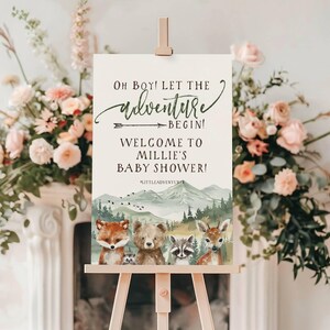 Let The Adventure Begin Baby Shower Welcome Sign - Woodland Baby Shower Welcome Sign Template - Neutral- Instant Download - Templett- obltab
