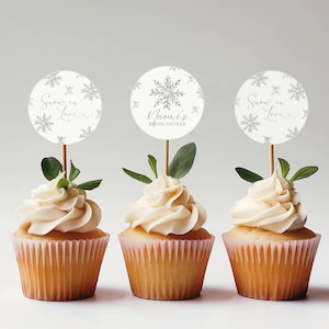 Snow in Love Cupcake Topper, Winter Wonderland Bridal Shower | Snowflakes | Silver Snowflake Cupcake Toppers |  Birthday, Canva Template