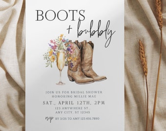 Boots And Bubbly Bridal Shower Invitations, Editable Template, Western Bridal Shower, Edit & Print, Boots And Bubbly Invitation, Wildflowers