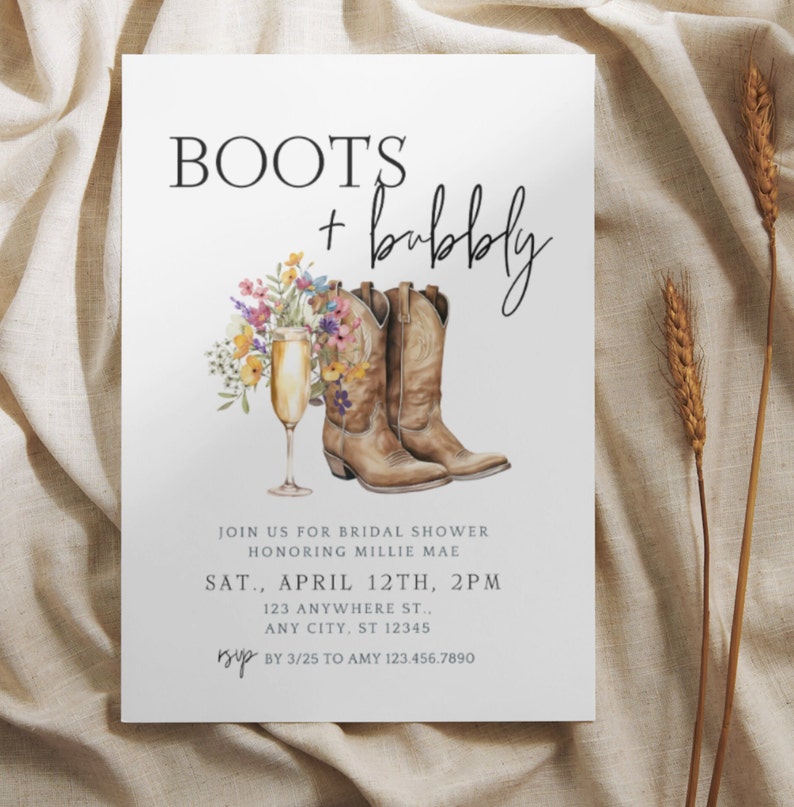 boots and bubbly wildflower bridal shower invitation, boho, western, cowboy