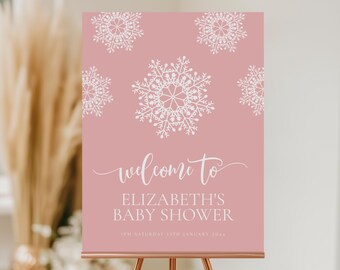 Pink Snowflake Baby Shower Welcome Sign, Girls, Winter Baby Shower Welcome Sign, Editable Pink A Little Snowflake Baby Shower Welcome Sign
