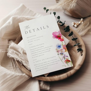 Cartão de detalhes do casamento com flores silvestres, modelo de cartão de detalhes do casamento para impressão, editável, download instantâneo, digital, personalizável em Templatett, wfwi