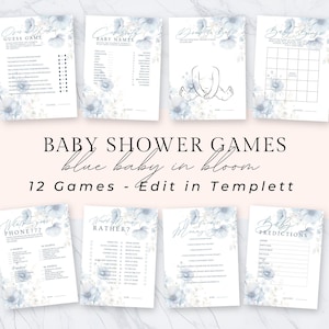 Blauwe bloemen babyshowergames, 12 afdrukbare douchegames, baby in bloei babyshowerthema, afdrukbare pdf, direct downloaden, Templett, bibbl