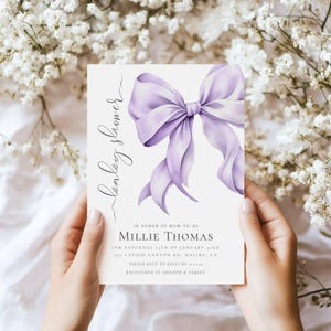 Purple Bow Baby Shower Invitation - Editable Template - Minimalist Design - Editable Light Purple Bow Shower Invitate - Templett - pbbs1