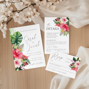 Tropical Wedding Invitation Suite, Destination Wedding Invitation, Tropical Floral Wedding Invitation, Instant Download, Customize in Canva