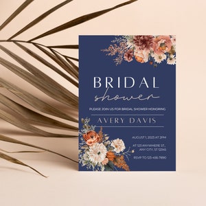 Bridal Shower Navy and Orange, Bridal Shower Invitation, Digital Instant Download Template, Orange Flowers Invites, Wedding Shower, Canva