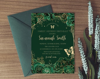 スイート 16 招待状 デジタル エメラルド グリーン、エメラルド