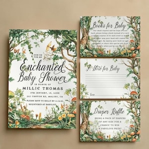 Enchanted Forest Baby Shower Invitation Bundle - Forest Baby Shower - Neutral - Diaper Raffle, Books for Baby, Note for Baby, Templett