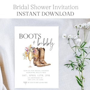 boots and bubbly wildflower bridal shower invitation, boho, western, cowboy