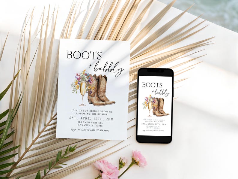 Boots and Bubbly Bridal Shower Invite & Text Invite | Western Fall Bridal Brunch | Editable Cowgirl Template with Wildflowers, Canva image 4