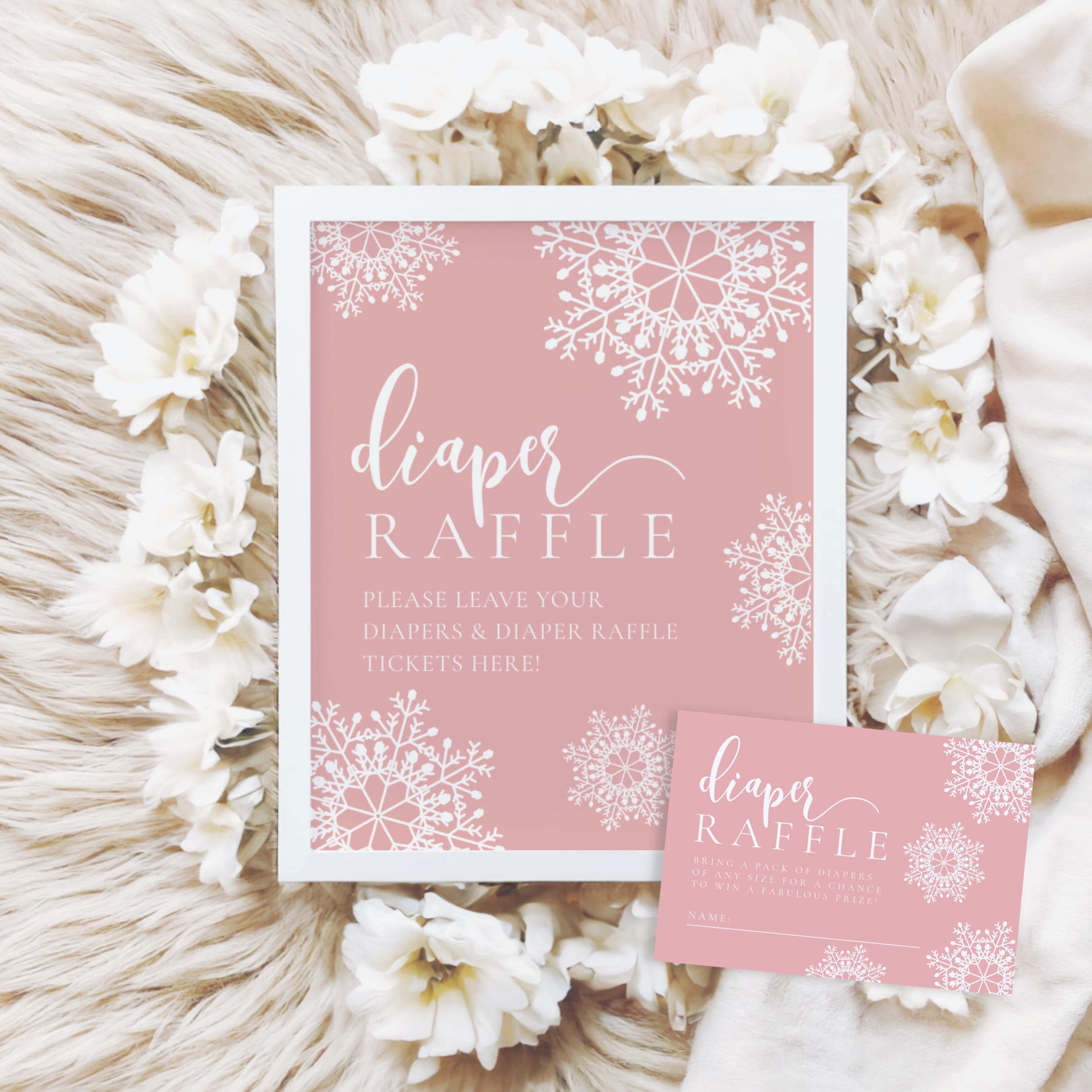 Snowhite Raffle Pink Snowflake Diaper Raffle Sign & Tickets, Instant Download, Baby Its ...