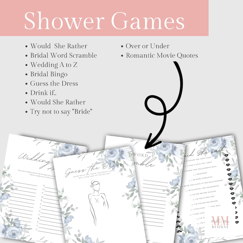 Bridal Shower Game Pack, Printable Bridal Shower Games, Pink Umbrella