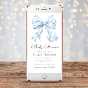 Blue Bow Baby Shower Invitation - Editable Template - Minimalist Design - Editable Blue Bow Baby Shower Mobile Invitation - Templett - bbbs1
