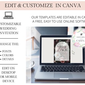 May include: A laptop screen showing a wedding invitation template with a floral design and the text "Millie & Jack". The invitation is editable in Canva, a free online design platform.