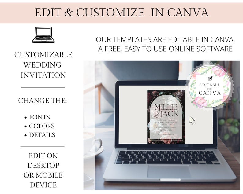 May include: A laptop screen showing a wedding invitation template with a floral design and the text "Millie & Jack". The invitation is editable in Canva, a free online design platform.