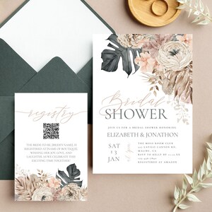 Faire-part pour la douche nuptiale fleurs séchées et registre de codes QR - modèle de douche de mariage fleurs séchées bohème - modifiable dans Templett - dfbs