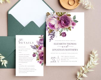 Purple Wedding Invitation and Details Card - Elegant Wedding Invite Set - Bright Purple Flowers - Printable Invite - Details - Templett dpfw