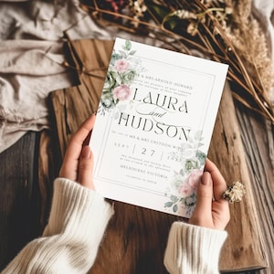 Salbeigrün und Blush Rosa Hochzeitseinladung, Salbeigrün | schlichtes Briefpapier | Blush Hochzeit | Hochzeitseinladung | Canva Vorlage | Zum Selbermachen