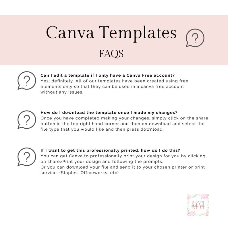 May include: A pink and white graphic with the text "Canva Templates" and "FAQs" in black text. The graphic includes three question marks in speech bubbles and text explaining how to edit and download Canva templates.
