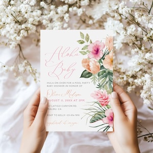 Luau Baby Shower Invitation - Aloha Baby Shower Invitation - Tropical Floral Baby Shower Invite - Editable in Templett - For Girls