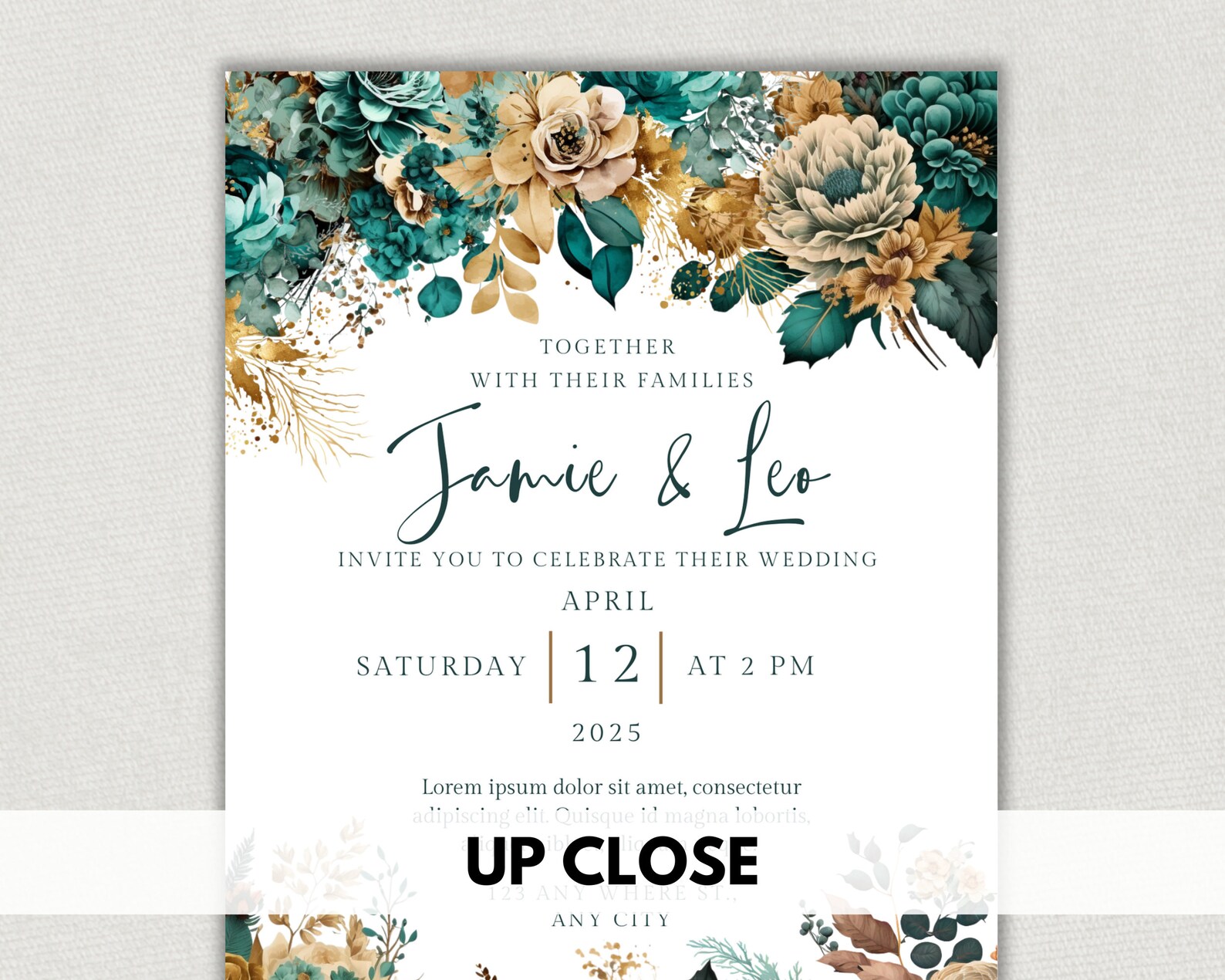 Teal &amp; Gold Wedding Invitations Edit in Canva, Teal and Gold Wedding ...