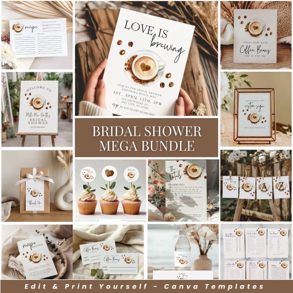 Love Is Brewing Bridal Shower Bundle, Coffee Bridal Shower Invitation Bundle - Printable Games- Canva Template- Coffee Lover Wedding Shower
