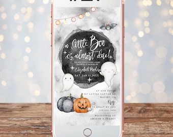 A Little Boo jest prawie na czas Baby Shower Mobile Invite, Zaproszenie na Halloween Baby Shower, Halloween Baby Shower, Duchy i Dynie, albh