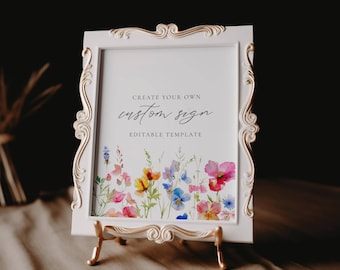 Wildblumen Hochzeit Benutzerdefiniertes Zeichen, bearbeitbares Tischschild, druckbares Schild, Hochzeit Dusche Schild Vorlage, Wildblumen Hochzeitsdekor, Templett, wfwi
