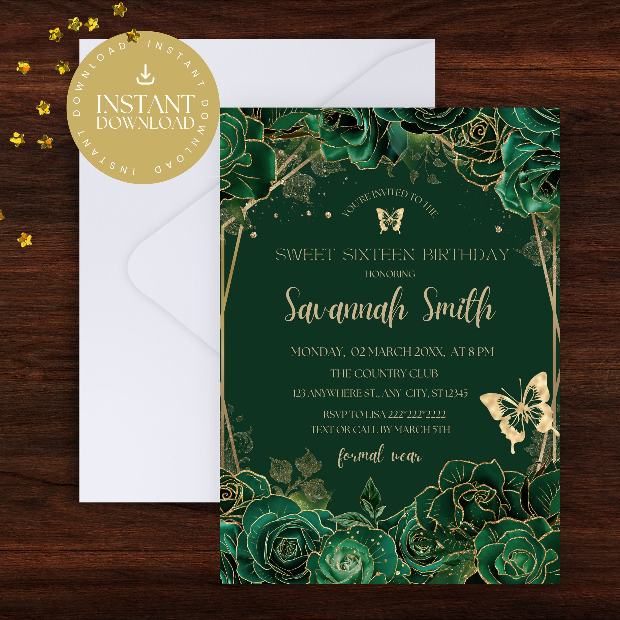 スイート 16 招待状 デジタル エメラルド グリーン、エメラルド